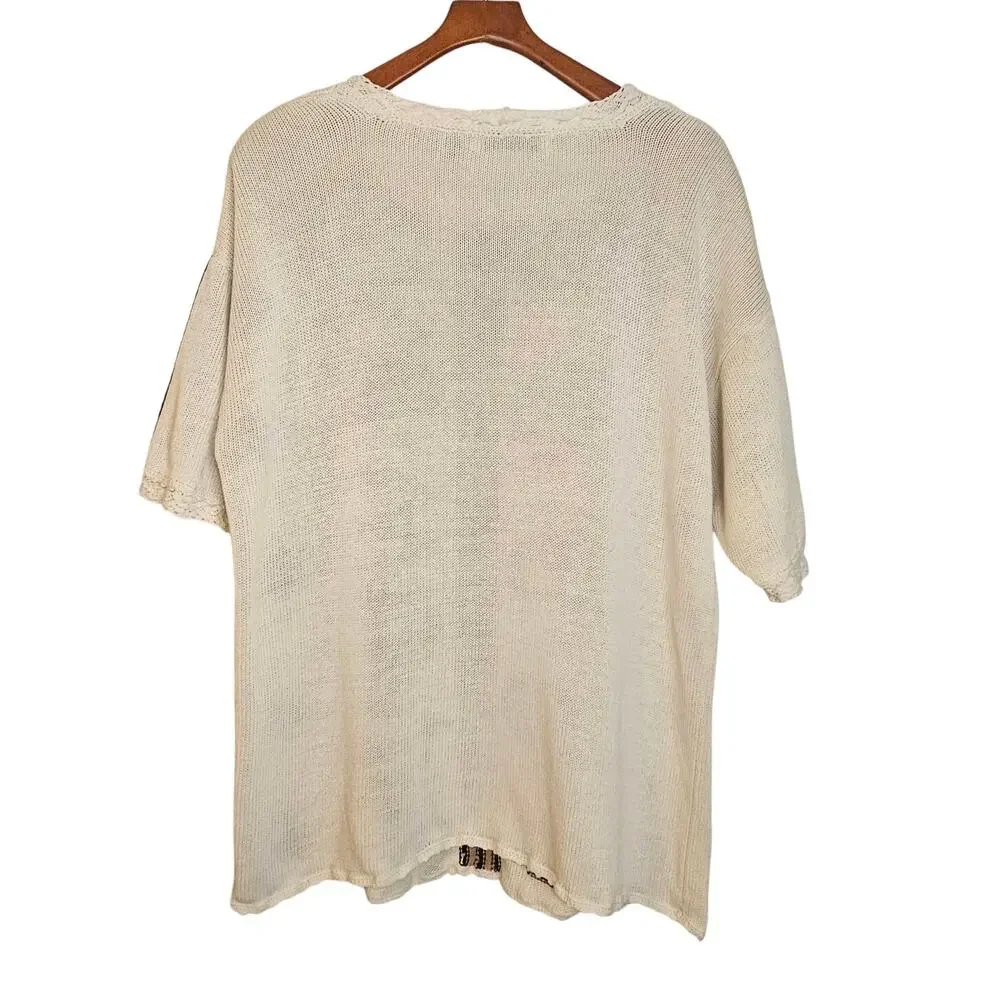 Maggie Lawrence Vintage Ivory White Short SleeveCardigan Sweater w/ Beading